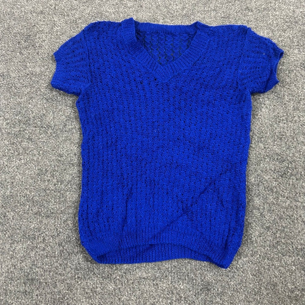 Unbranded Crochet Sweater Womens Size M Royal Blue V-Neck Short Sleeve Knit Top